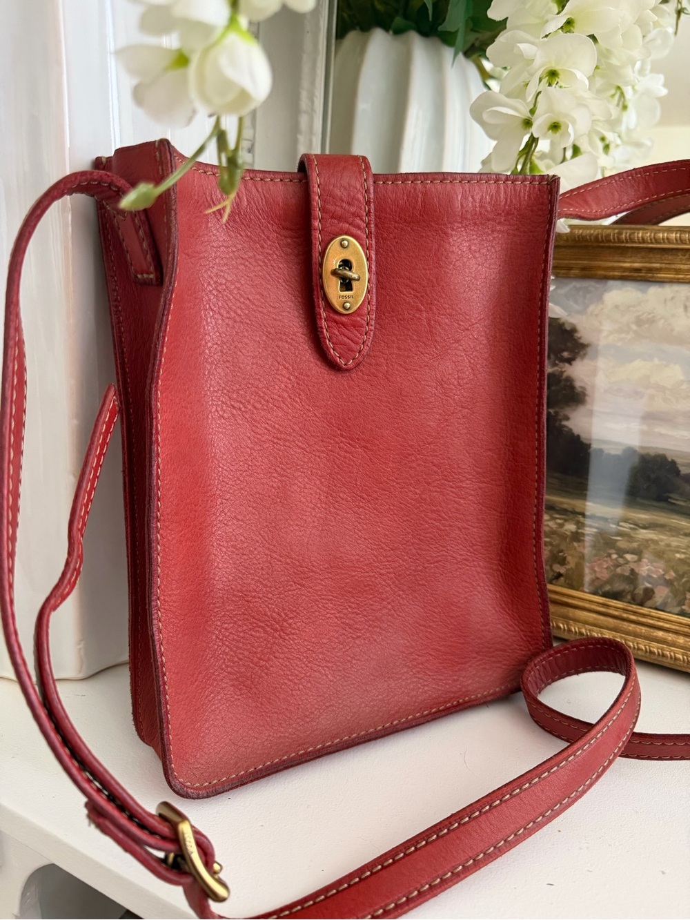 Fossil Red Leather Compact Crossbody with Gold Turnlock